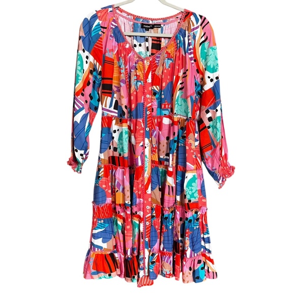 Tolani Colorful Multicolor Long Sleeve Tiered Pockets Button Front Dress Size L - Picture 1 of 9